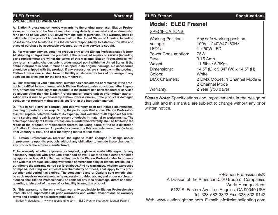 Model: eled fresnel | Elation Professional Eled Light User Manual | Page 6 / 6