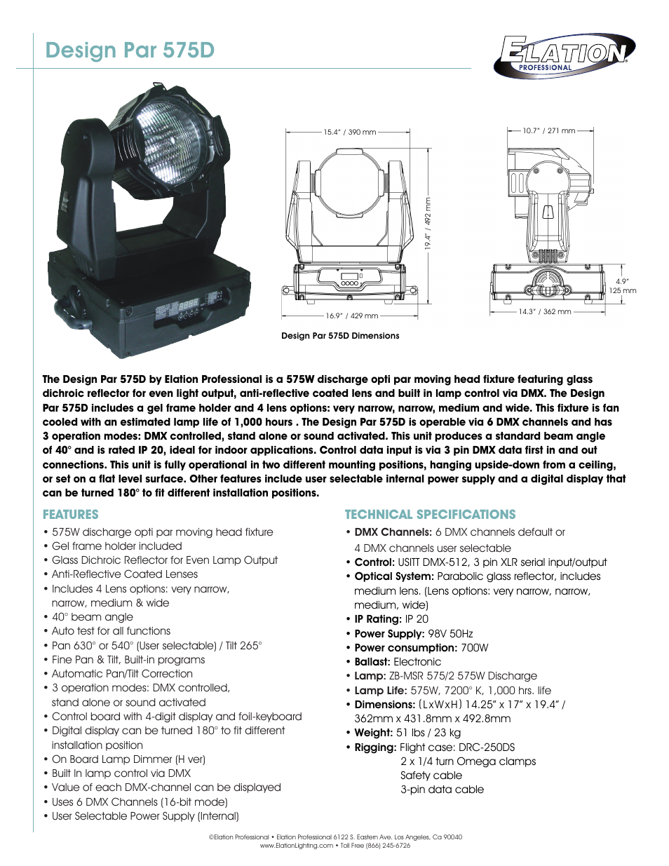 Elation Professional Design Par 575D User Manual | 3 pages