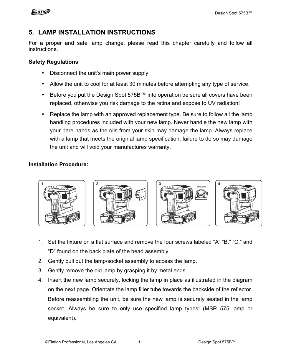 Lamp installation instructions | Elation Professional 575B User Manual | Page 11 / 56