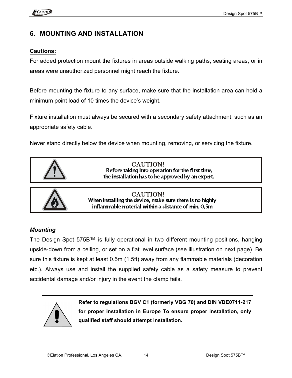 Mounting and installation | Elation Professional 575B User Manual | Page 14 / 56