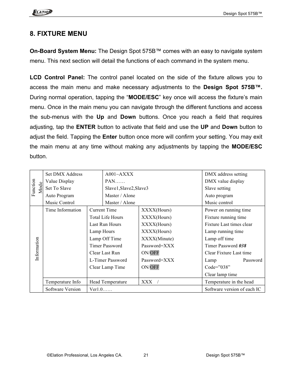 Fixture menu | Elation Professional 575B User Manual | Page 21 / 56