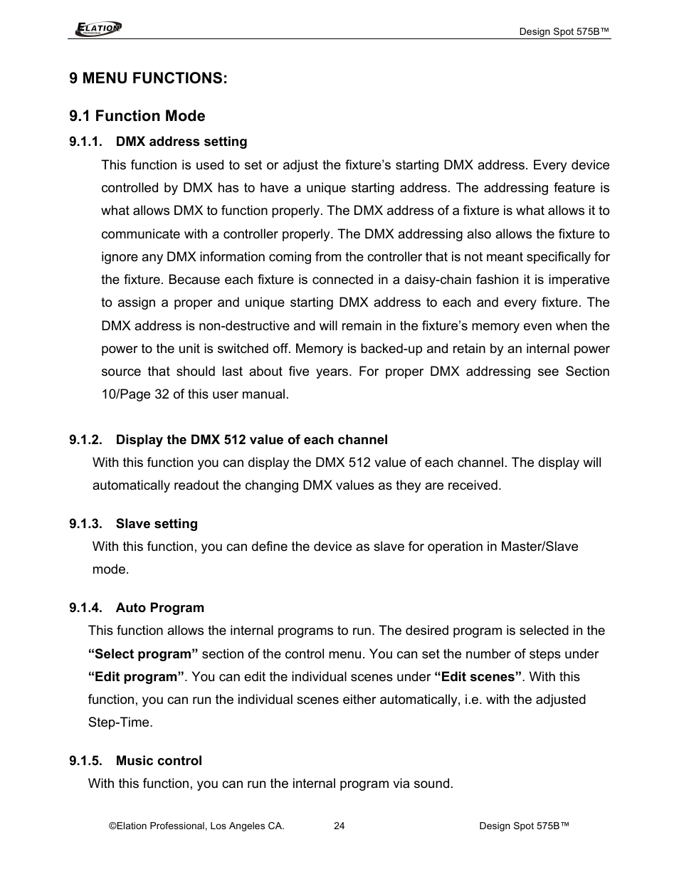 9 menu functions, 1 function mode | Elation Professional 575B User Manual | Page 24 / 56