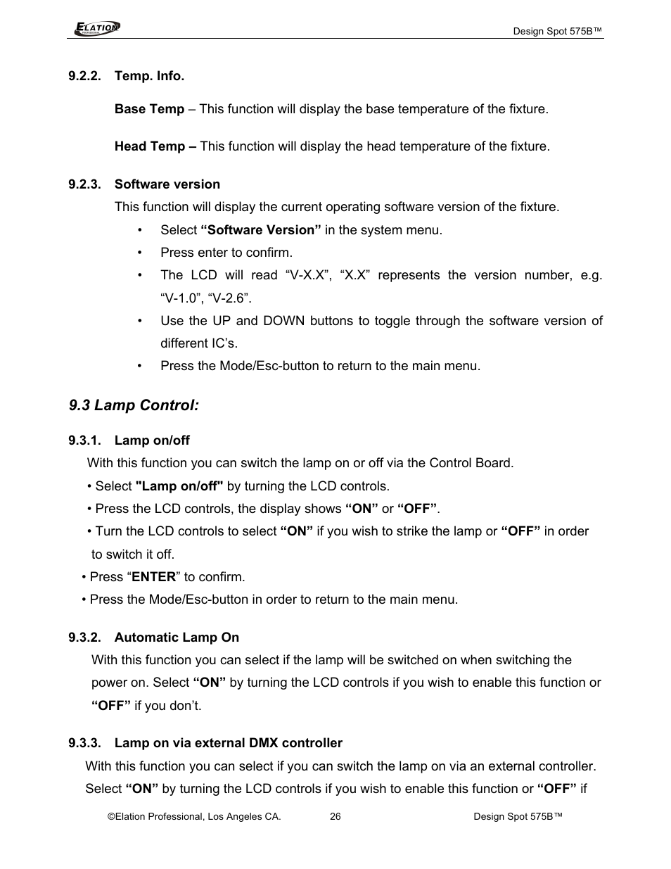 3 lamp control | Elation Professional 575B User Manual | Page 26 / 56