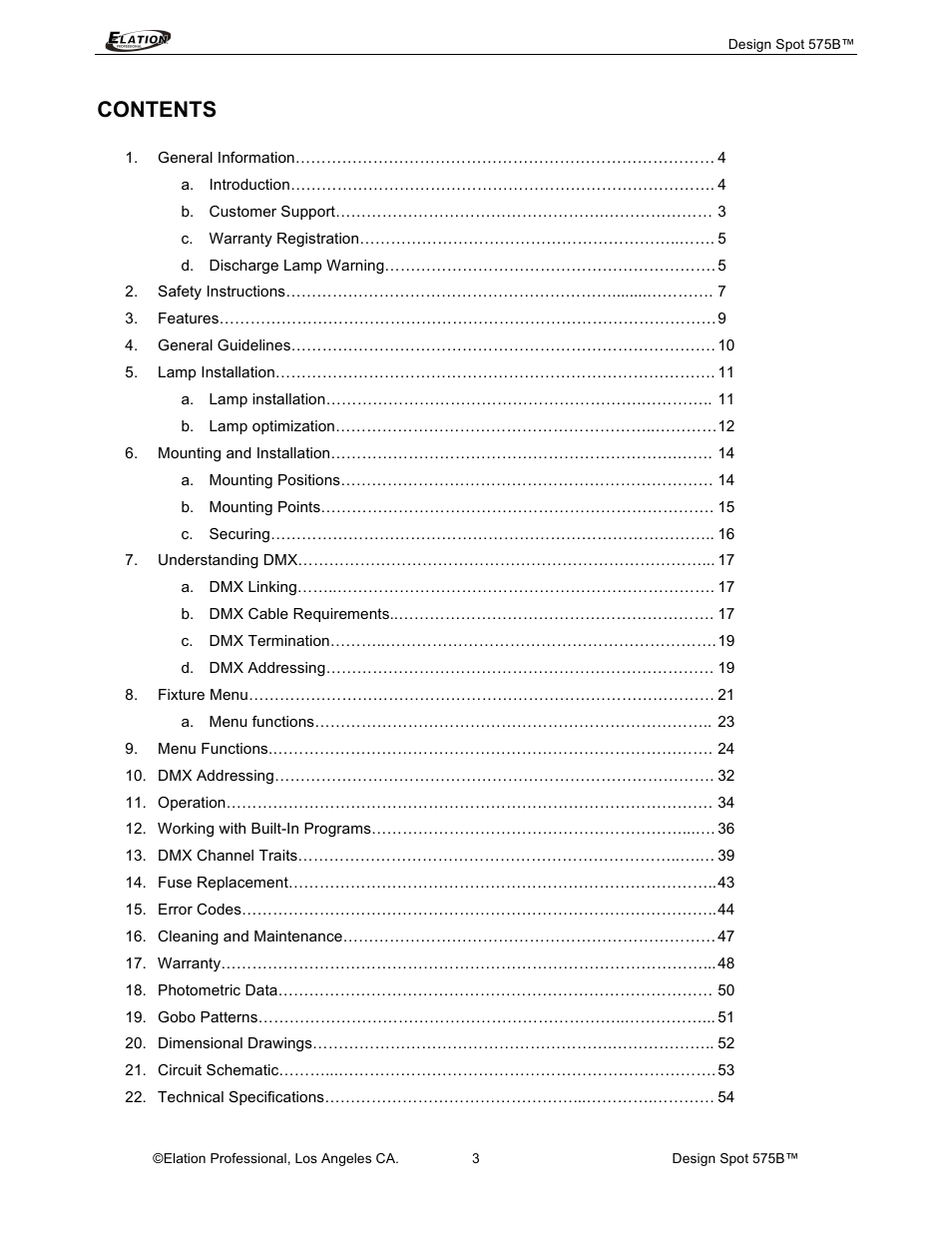 Elation Professional 575B User Manual | Page 3 / 56