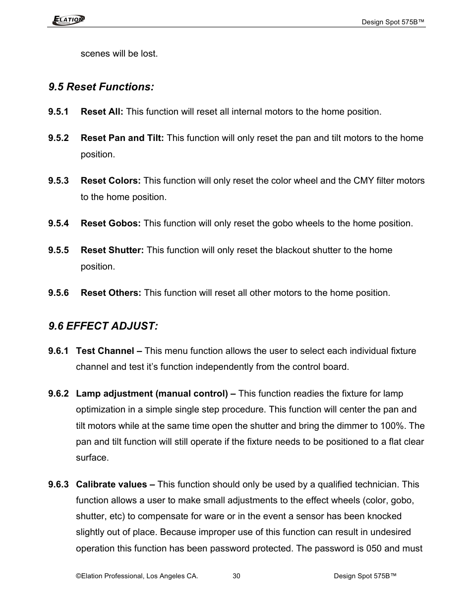 5 reset functions, 6 effect adjust | Elation Professional 575B User Manual | Page 30 / 56