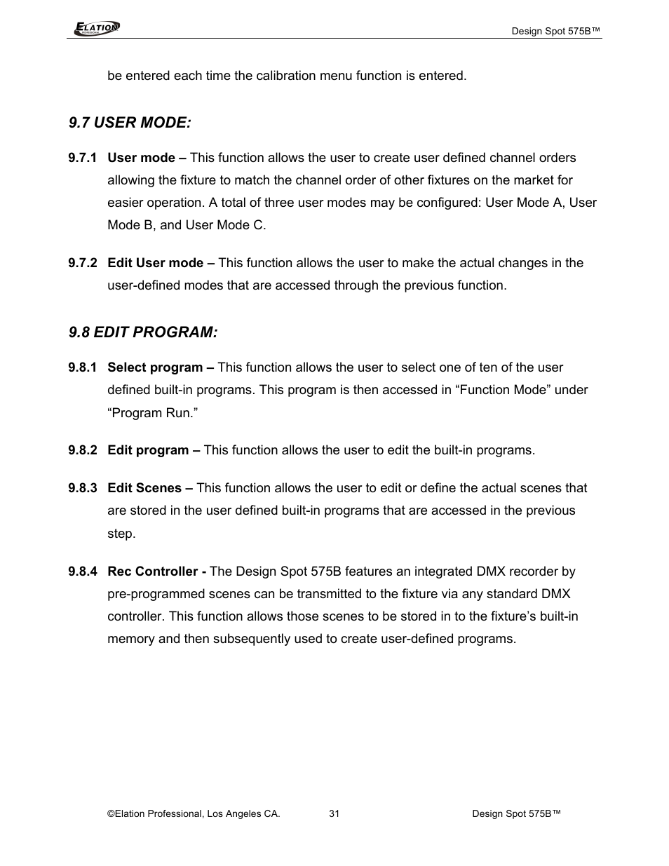7 user mode, 8 edit program | Elation Professional 575B User Manual | Page 31 / 56