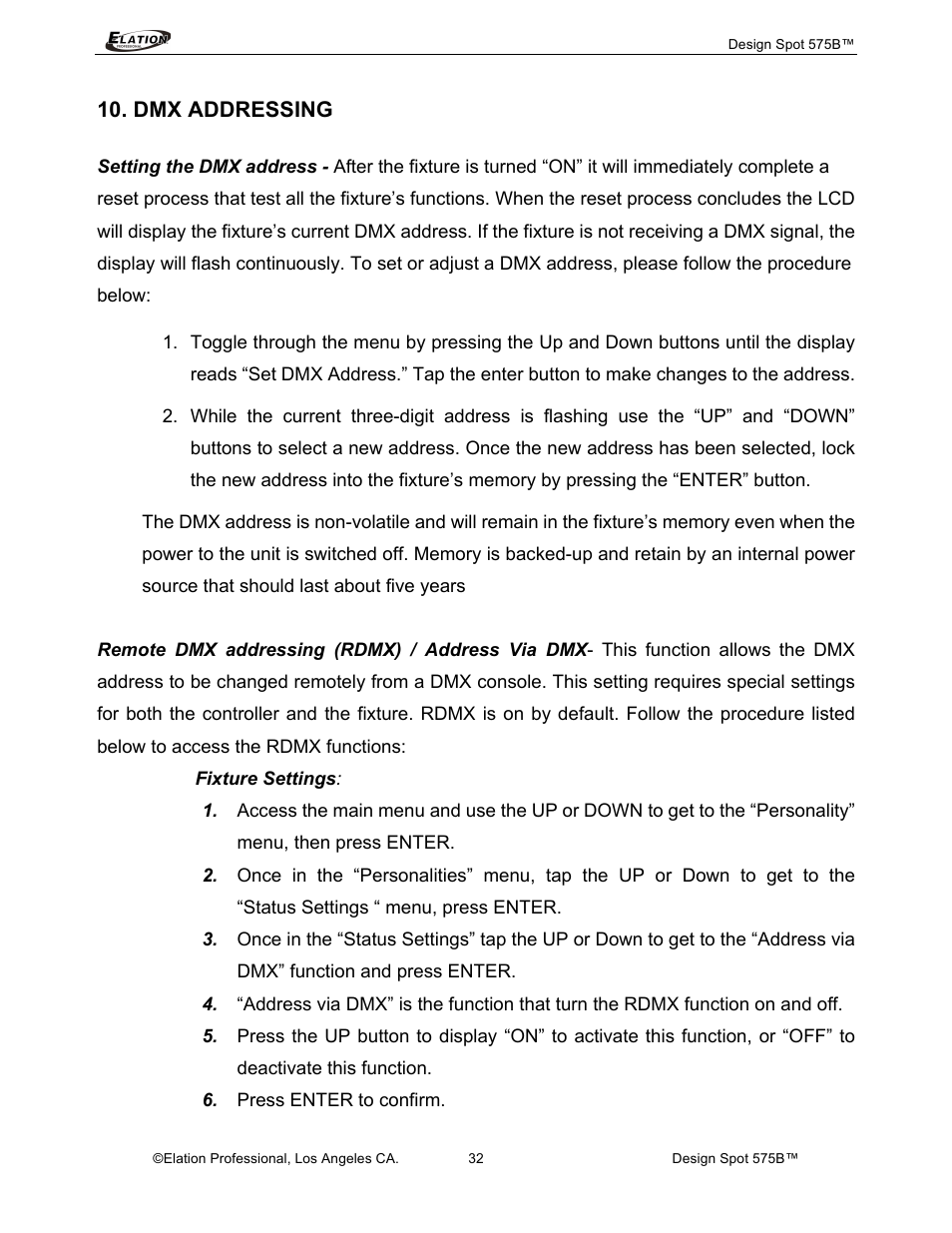 Dmx addressing | Elation Professional 575B User Manual | Page 32 / 56
