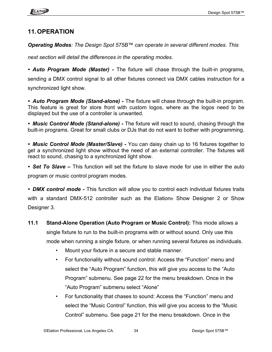 Operation | Elation Professional 575B User Manual | Page 34 / 56
