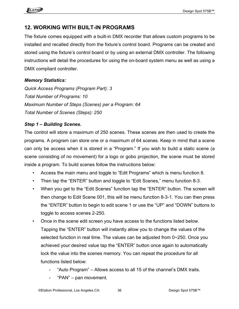 Working with built-in programs | Elation Professional 575B User Manual | Page 36 / 56