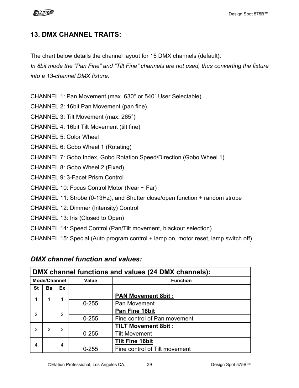 Dmx channel traits | Elation Professional 575B User Manual | Page 39 / 56