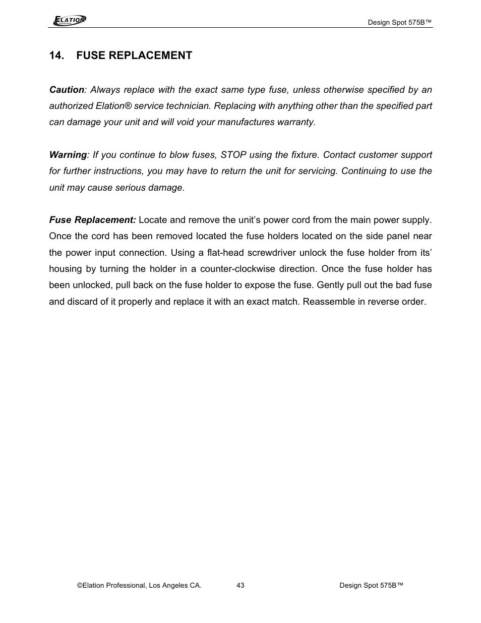 Fuse replacement | Elation Professional 575B User Manual | Page 43 / 56