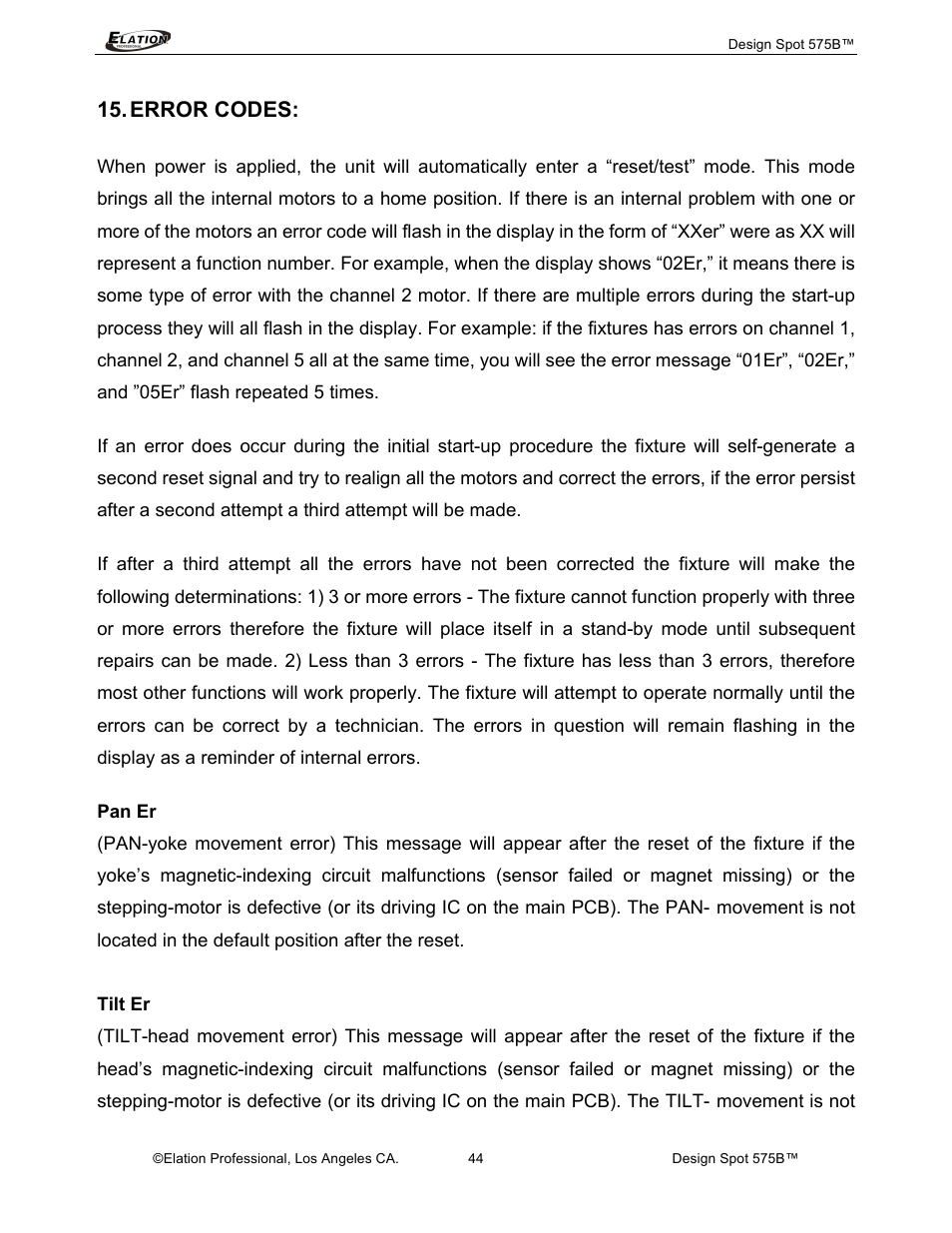 Error codes | Elation Professional 575B User Manual | Page 44 / 56