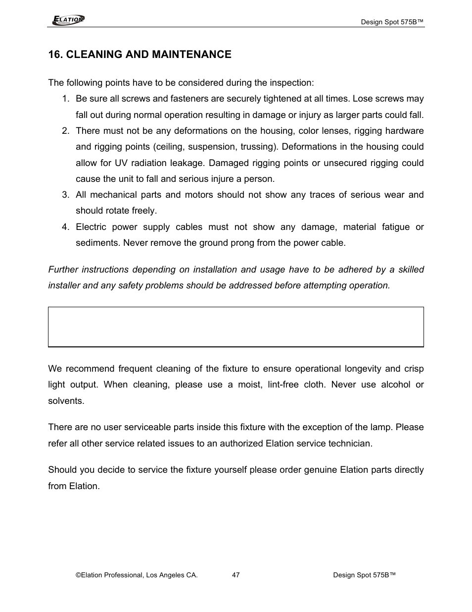 Cleaning and maintenance | Elation Professional 575B User Manual | Page 47 / 56