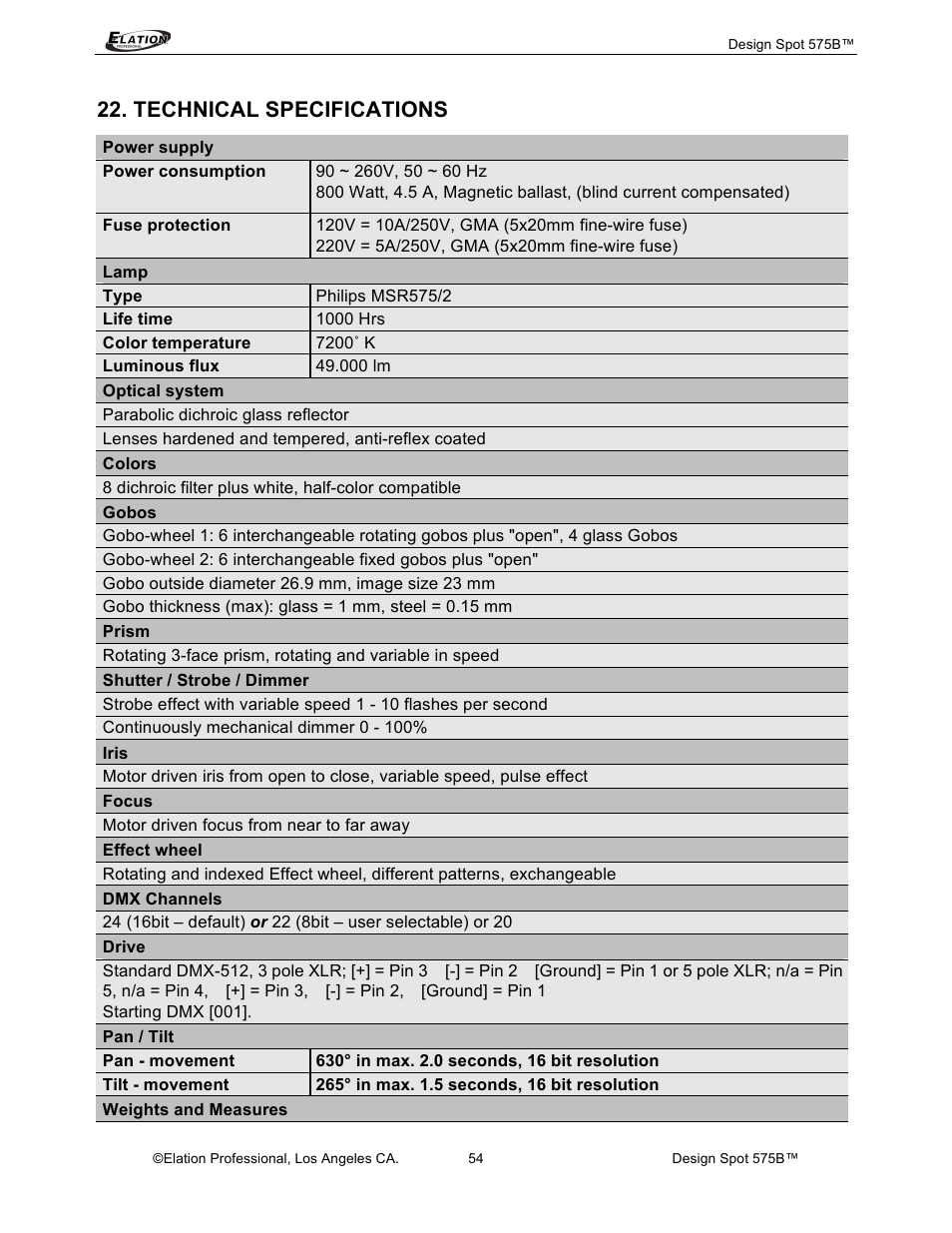 Technical specifications | Elation Professional 575B User Manual | Page 54 / 56