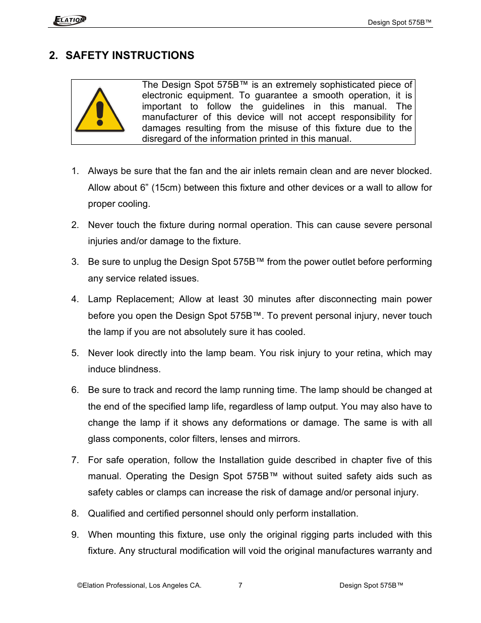 Safety instructions | Elation Professional 575B User Manual | Page 7 / 56