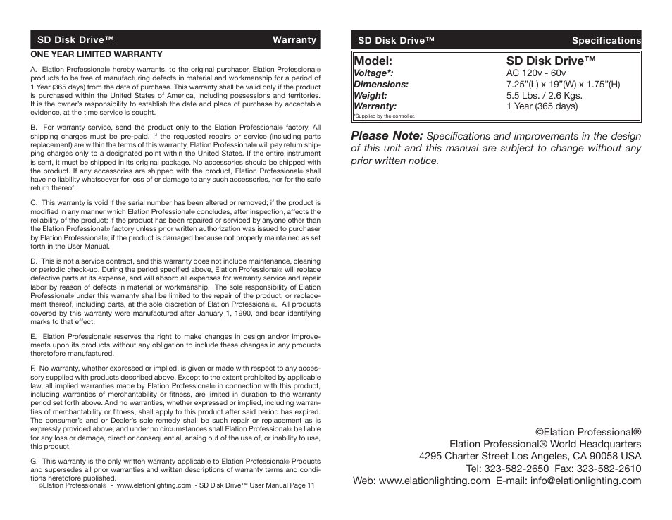 Model: sd disk drive | Elation Professional Show Designer Disk Drive SD User Manual | Page 6 / 6