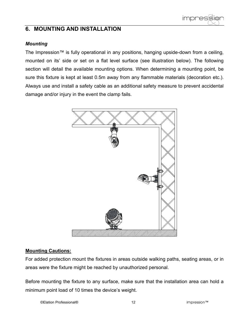 Mounting and installation | Elation Professional Professional Model Impression Mounting Light User Manual | Page 12 / 36