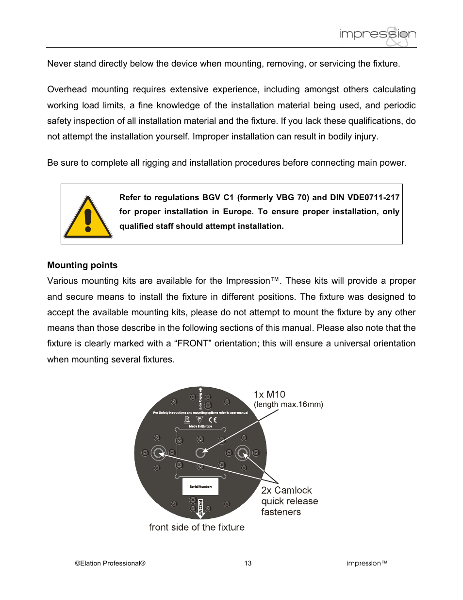 Elation Professional Professional Model Impression Mounting Light User Manual | Page 13 / 36