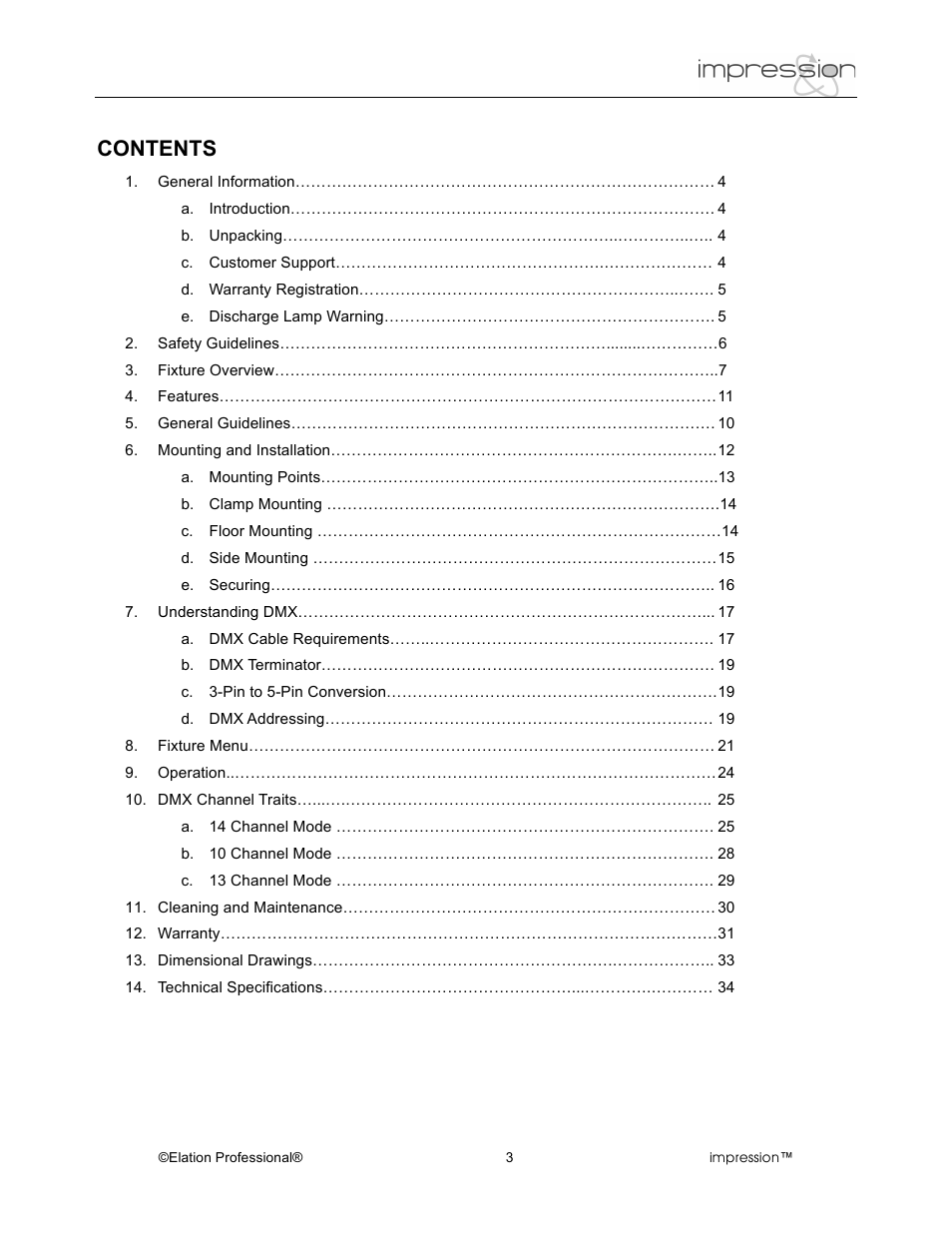 Elation Professional Professional Model Impression Mounting Light User Manual | Page 3 / 36