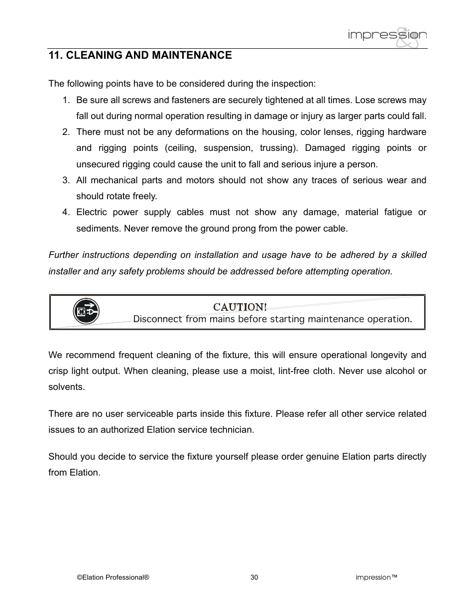 Cleaning and maintenance | Elation Professional Professional Model Impression Mounting Light User Manual | Page 30 / 36