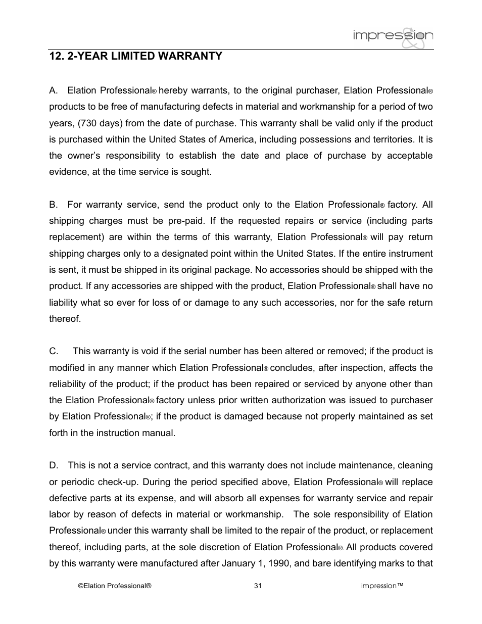 2-year limited warranty | Elation Professional Professional Model Impression Mounting Light User Manual | Page 31 / 36