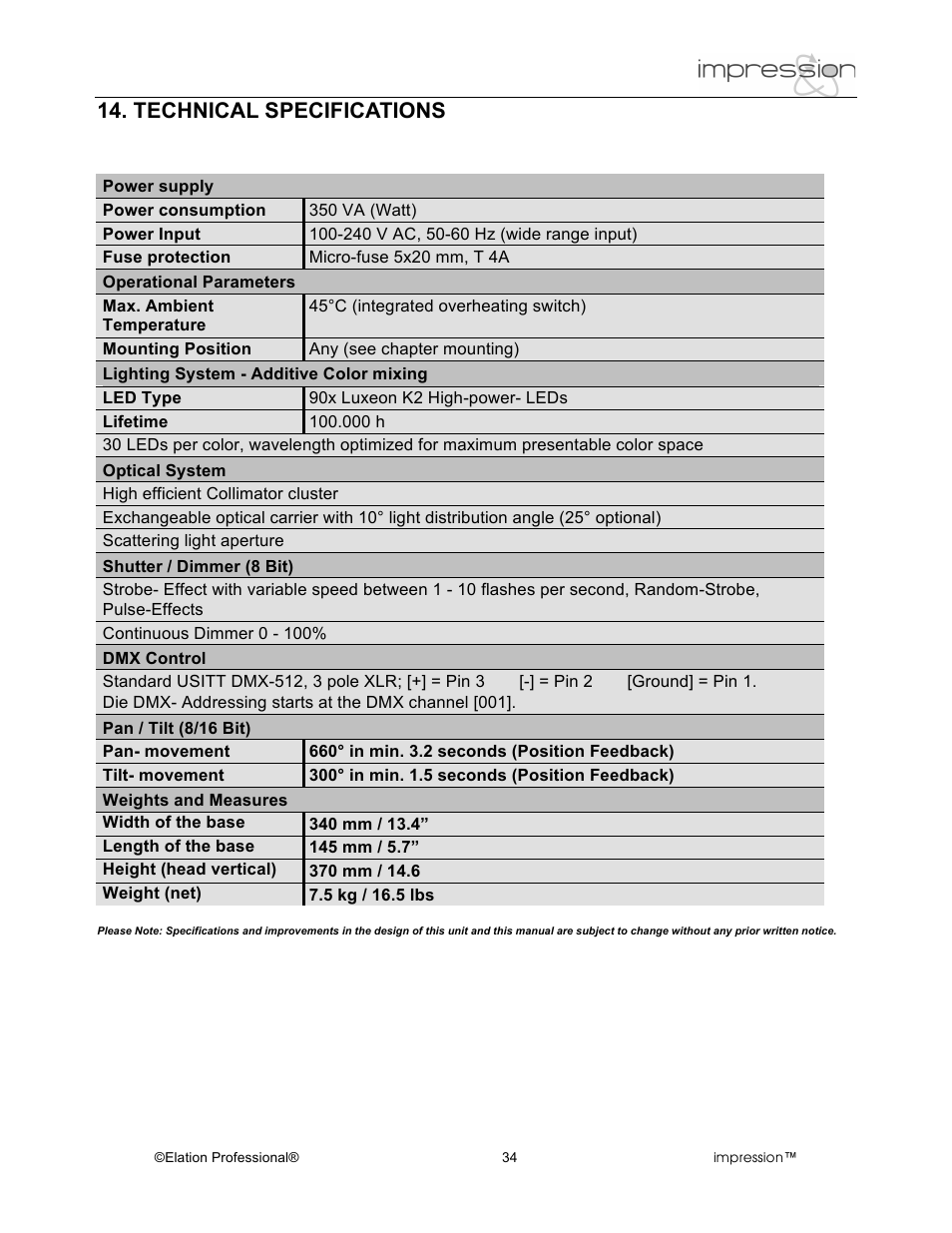 Technical specifications | Elation Professional Professional Model Impression Mounting Light User Manual | Page 34 / 36