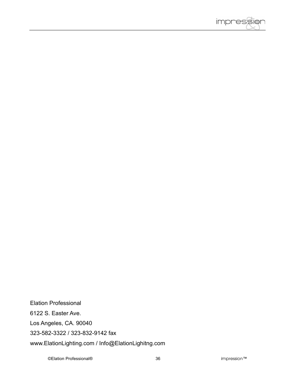 Elation Professional Professional Model Impression Mounting Light User Manual | Page 36 / 36