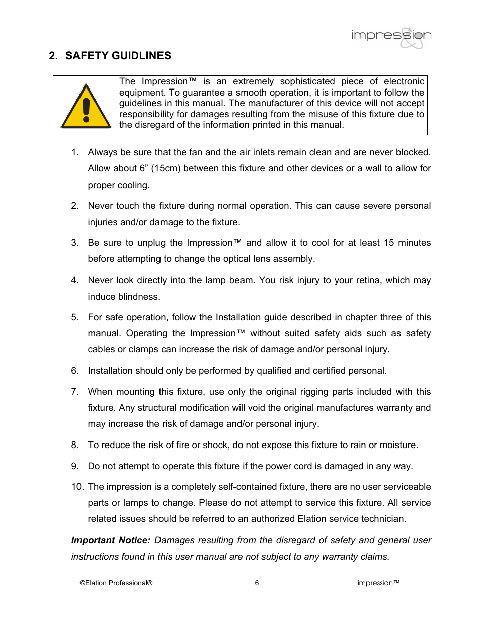 Safety guidlines | Elation Professional Professional Model Impression Mounting Light User Manual | Page 6 / 36