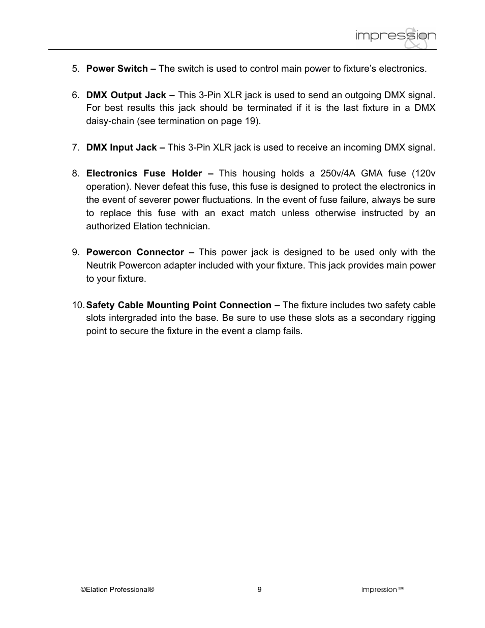 Elation Professional Professional Model Impression Mounting Light User Manual | Page 9 / 36