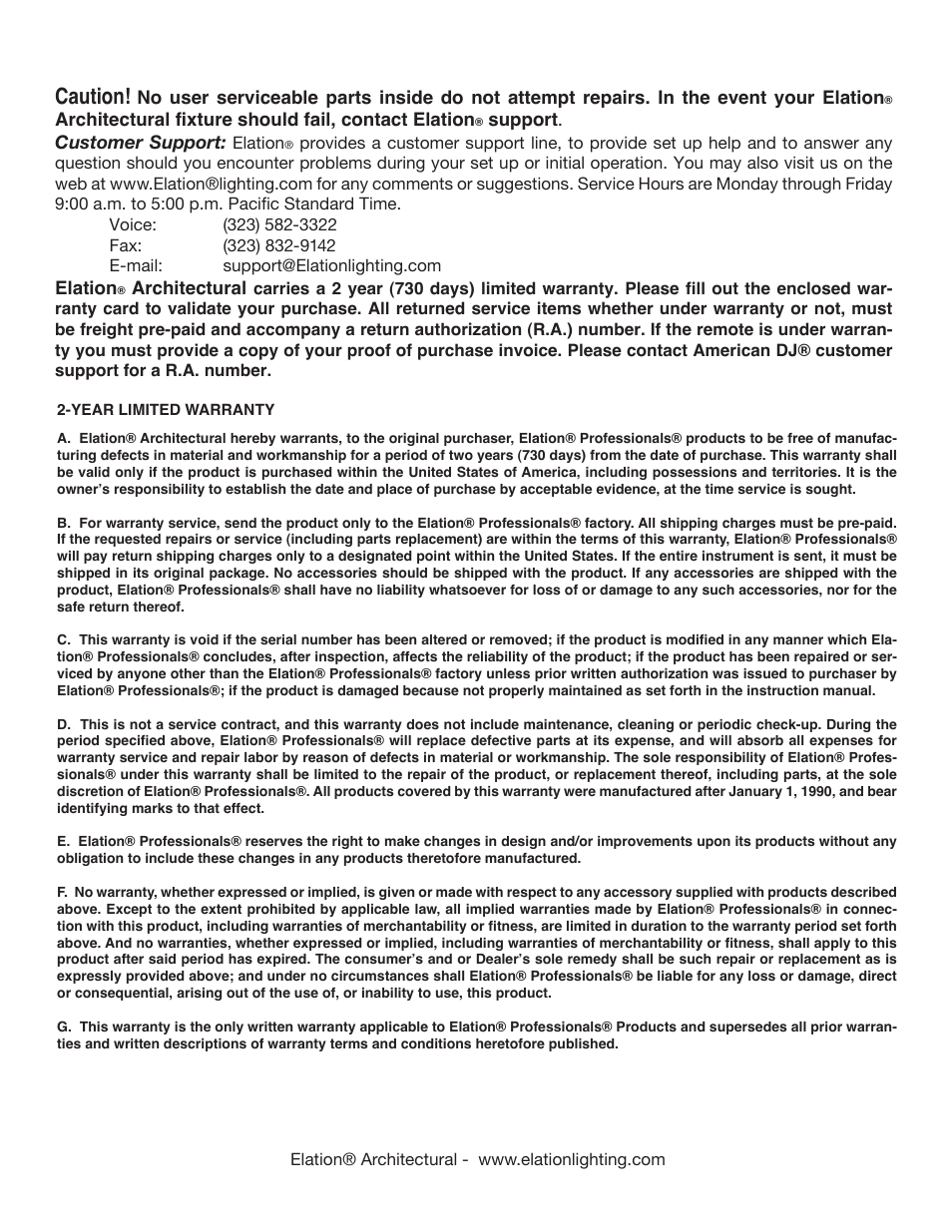 Caution | Elation Professional ELAR IPX User Manual | Page 2 / 2