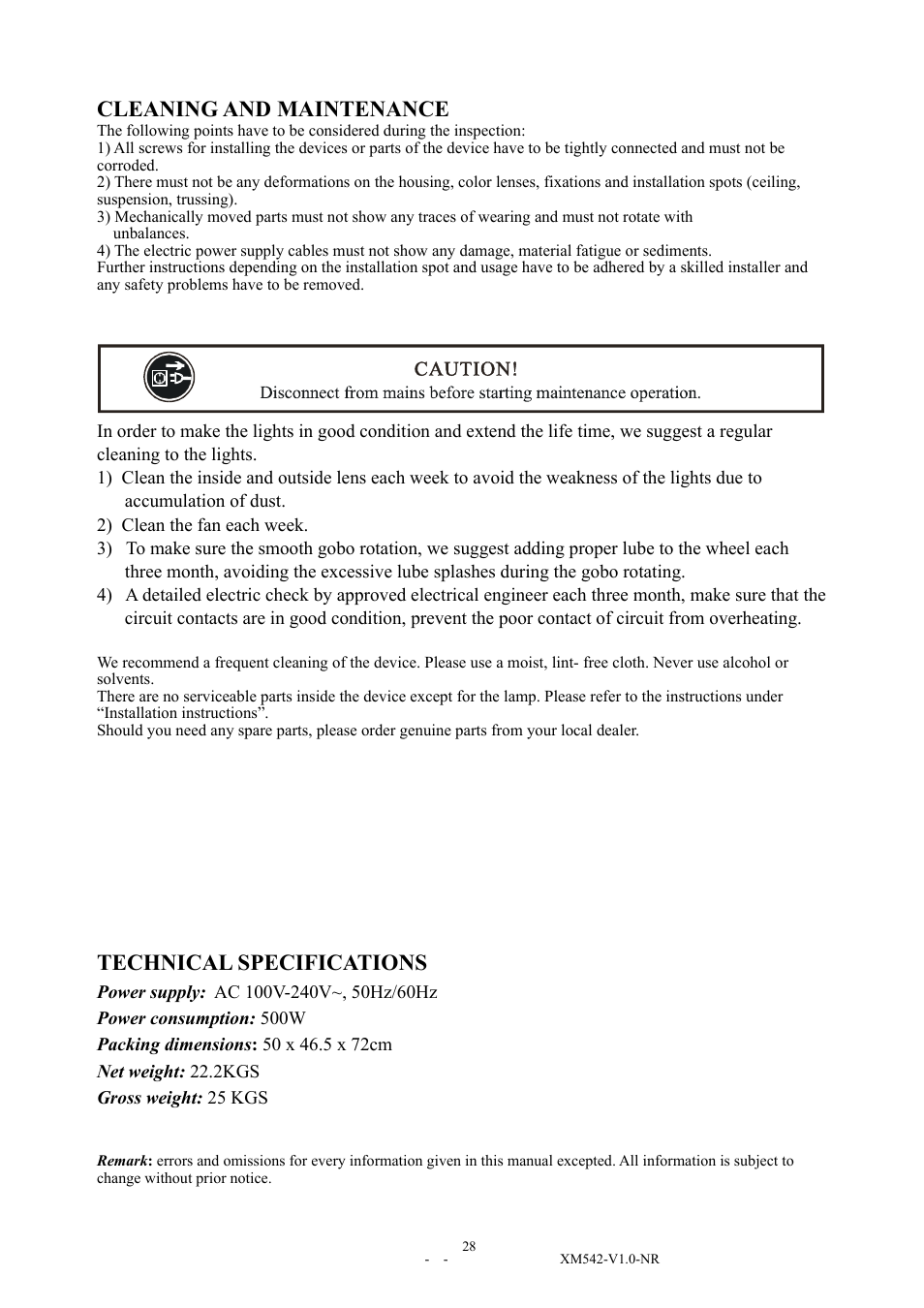 Cleaning and maintenance, Technical specifications | Elation Professional 15R User Manual | Page 28 / 29