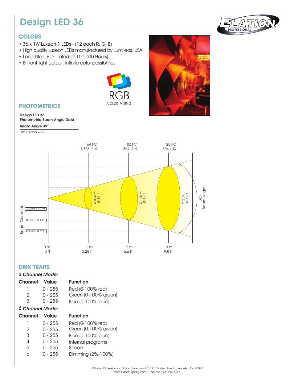 Design led 36, Colors, Dmx traits | Photometrics | Elation Professional Design LED 36 User Manual | Page 2 / 2