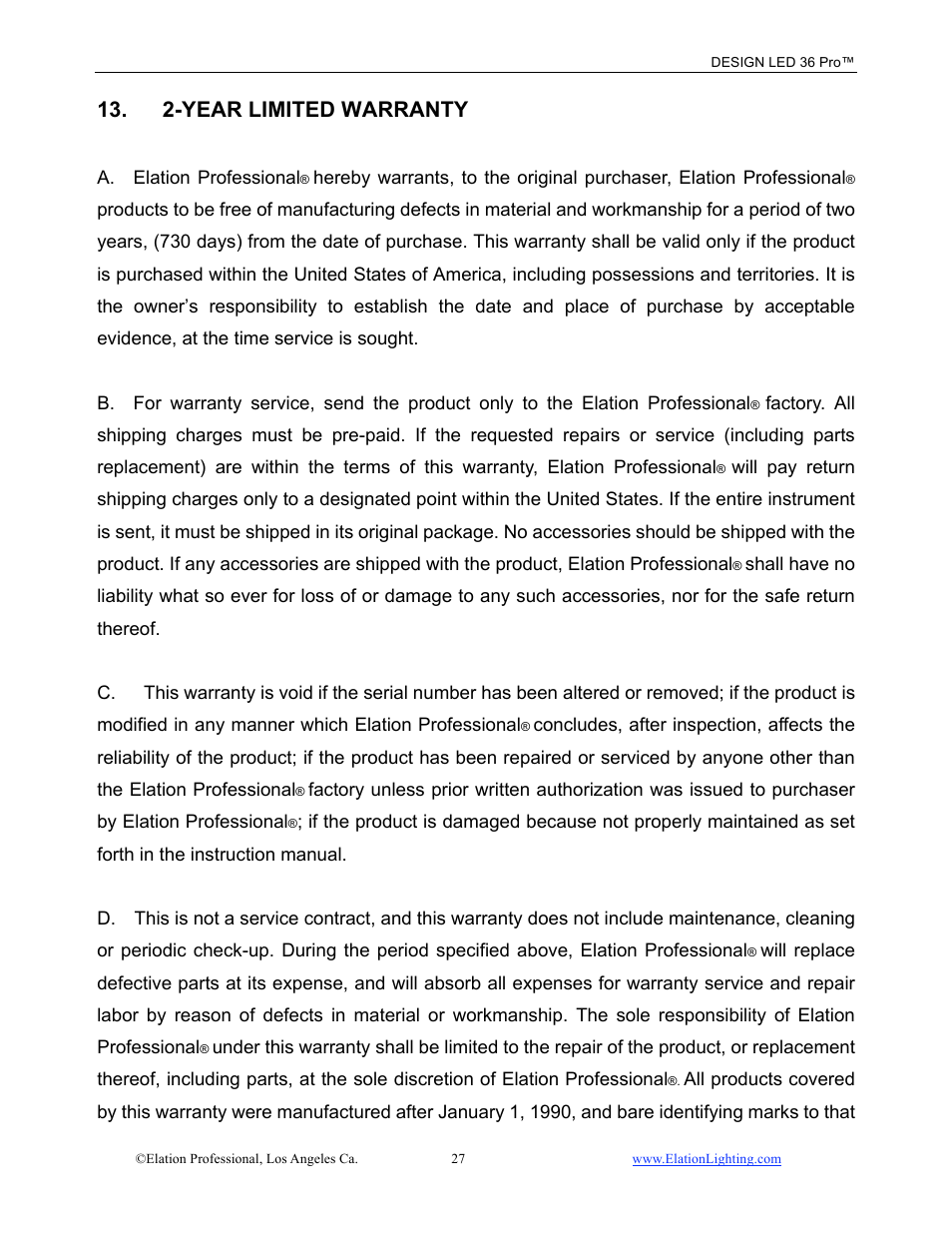 2-year limited warranty | Elation Professional 36 User Manual | Page 28 / 36