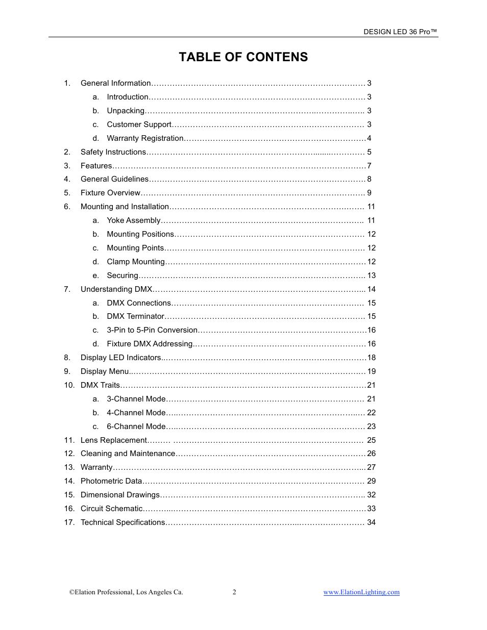 Table of contens | Elation Professional 36 User Manual | Page 3 / 36