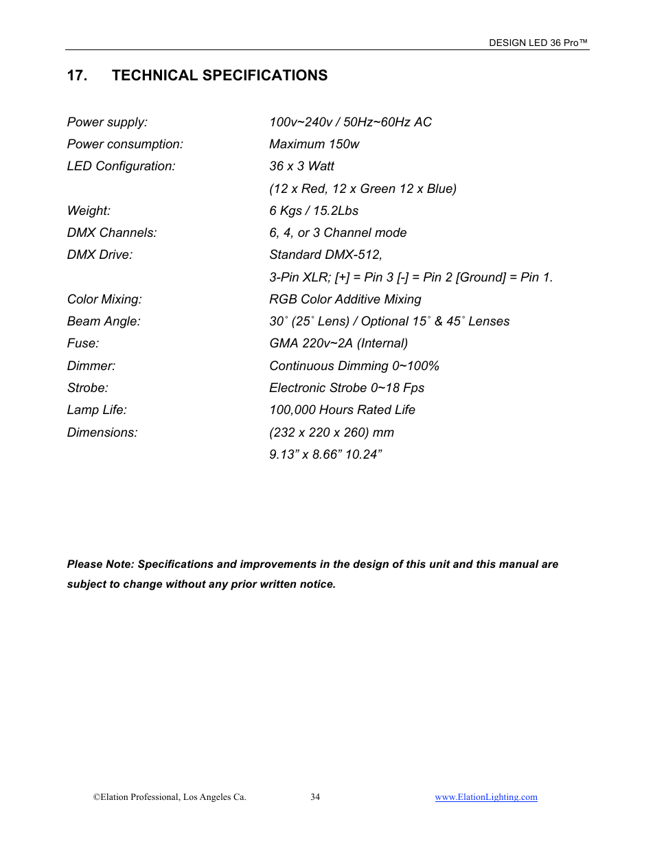 Technical specifications | Elation Professional 36 User Manual | Page 35 / 36