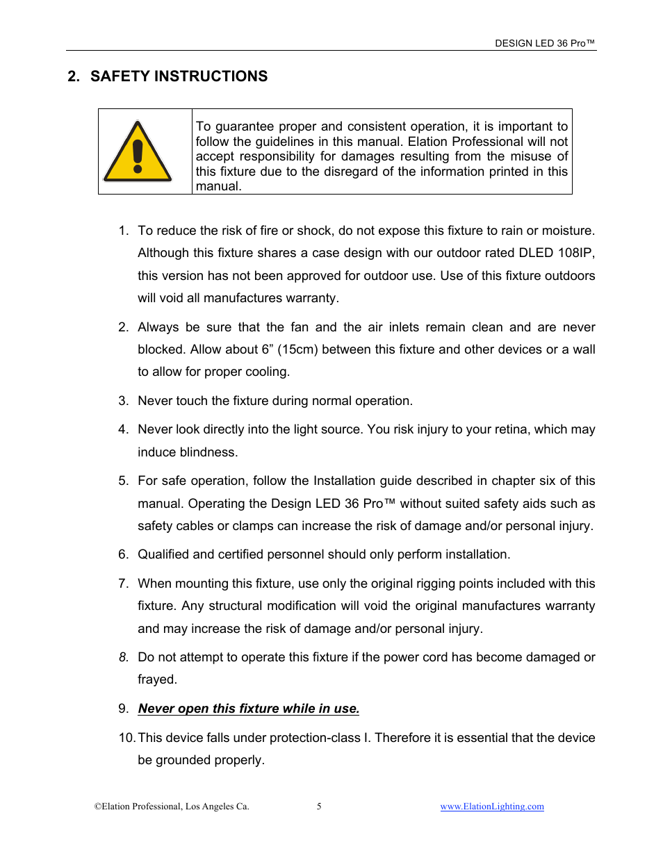 Safety instructions | Elation Professional 36 User Manual | Page 6 / 36