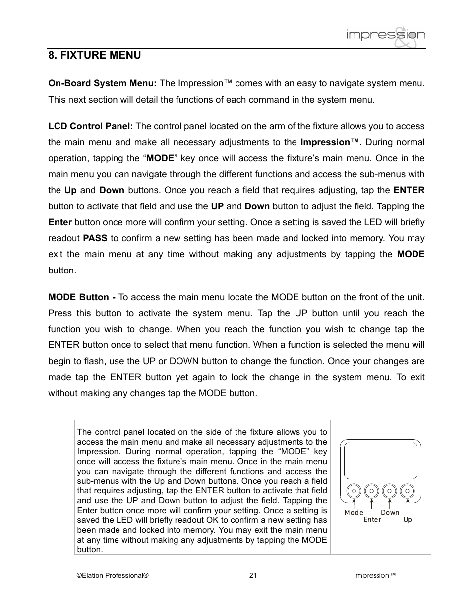 Fixture menu | Elation Professional RGB Lamp User Manual | Page 21 / 36