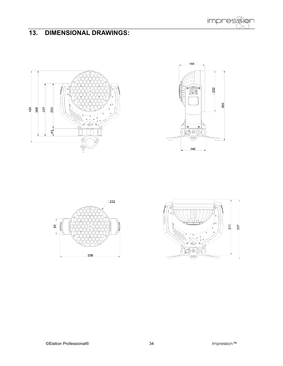 Dimensional drawings | Elation Professional RGB Lamp User Manual | Page 34 / 36