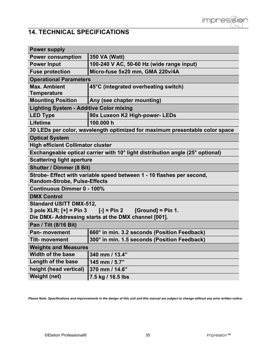 Technical specifications | Elation Professional RGB Lamp User Manual | Page 35 / 36