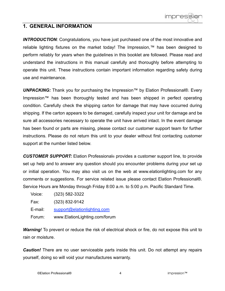 General information | Elation Professional RGB Lamp User Manual | Page 4 / 36