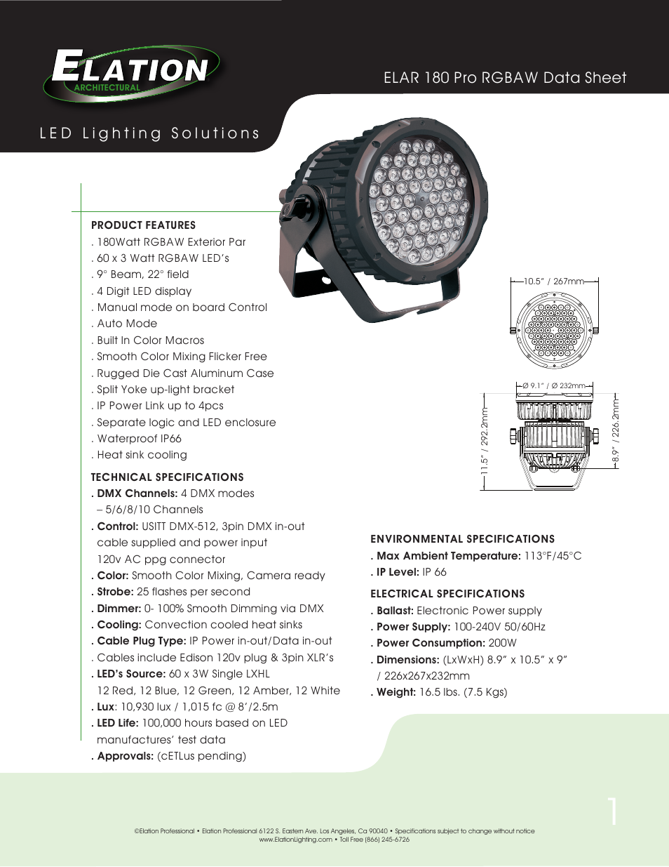 Elation Professional ELAR 180 PRO RGBAW User Manual | 3 pages
