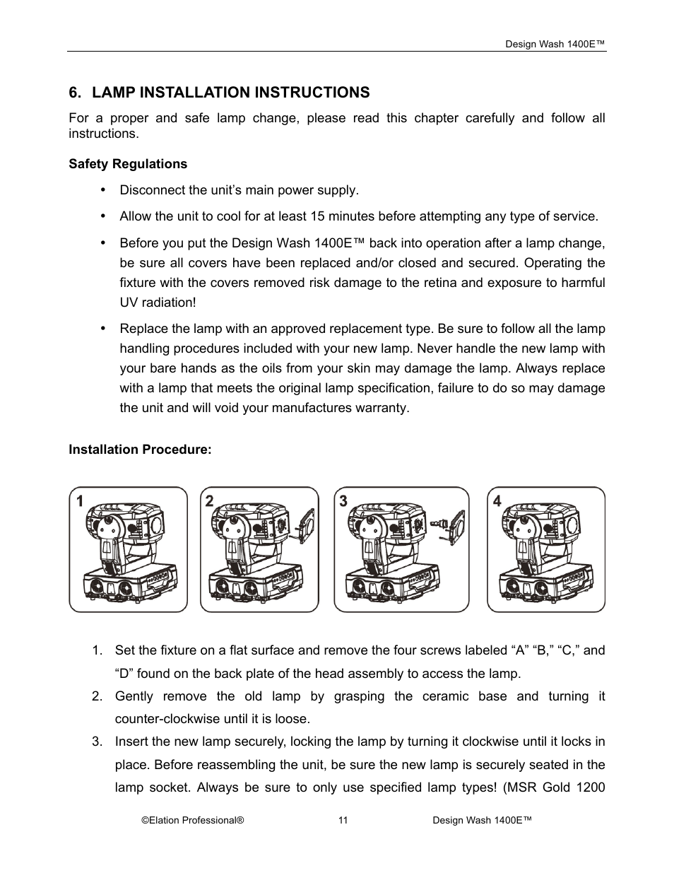 Lamp installation instructions | Elation Professional 1400E User Manual | Page 11 / 64
