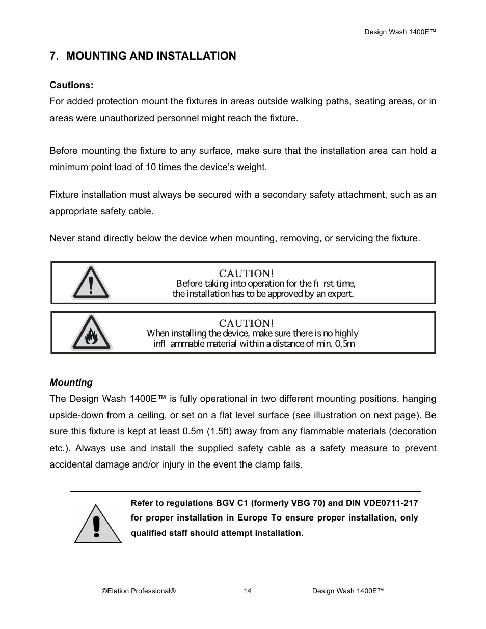 Mounting and installation | Elation Professional 1400E User Manual | Page 14 / 64