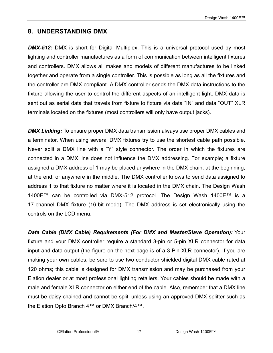 Understanding dmx | Elation Professional 1400E User Manual | Page 17 / 64