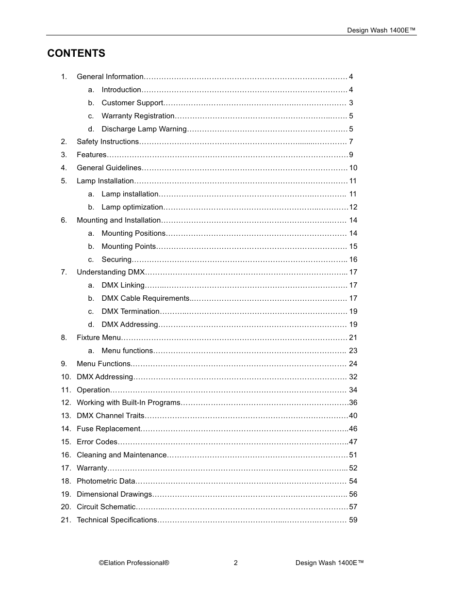 Elation Professional 1400E User Manual | Page 2 / 64