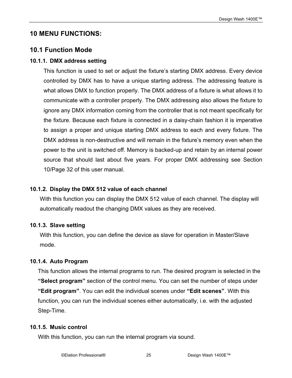 10 menu functions, 1 function mode | Elation Professional 1400E User Manual | Page 25 / 64