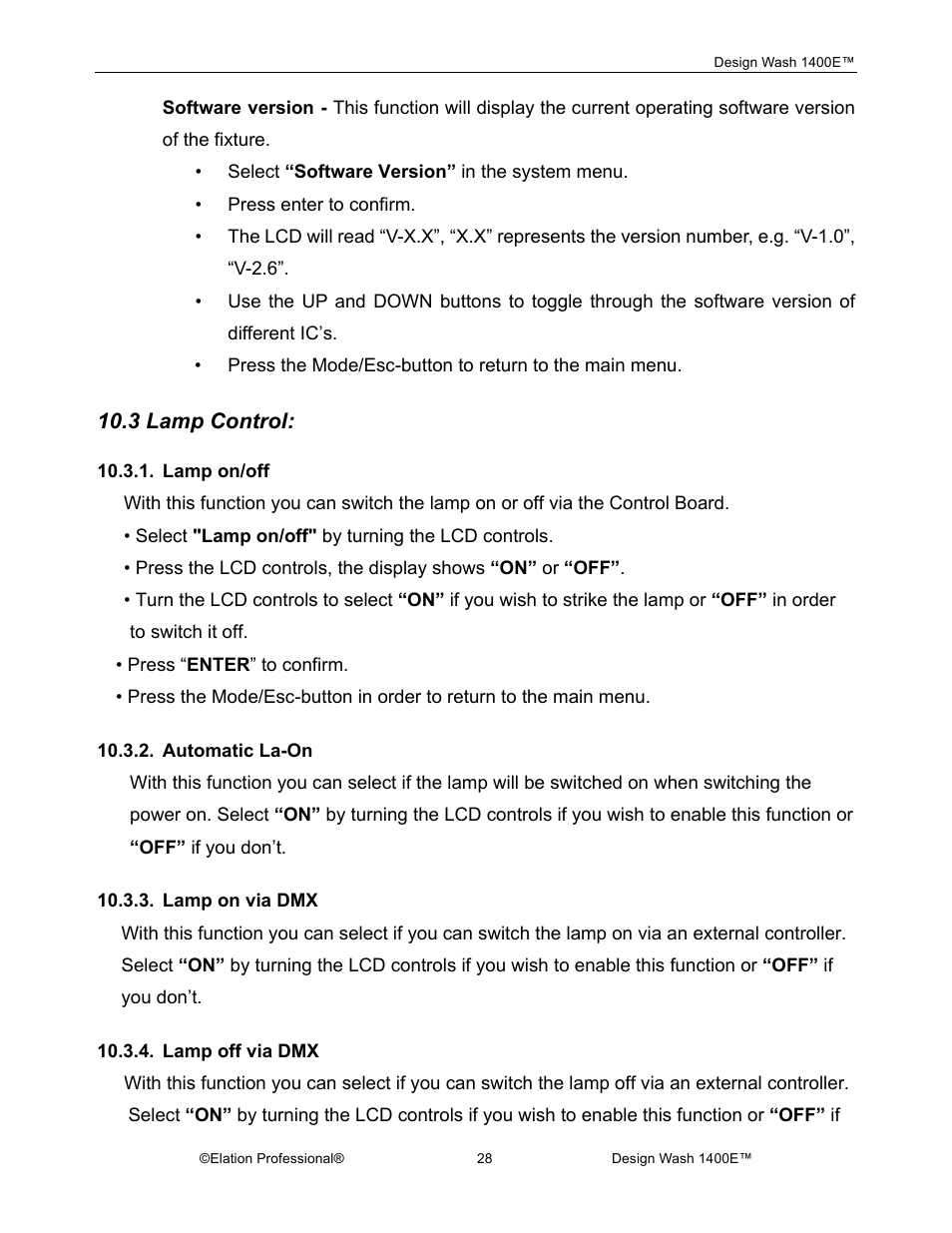 3 lamp control | Elation Professional 1400E User Manual | Page 28 / 64