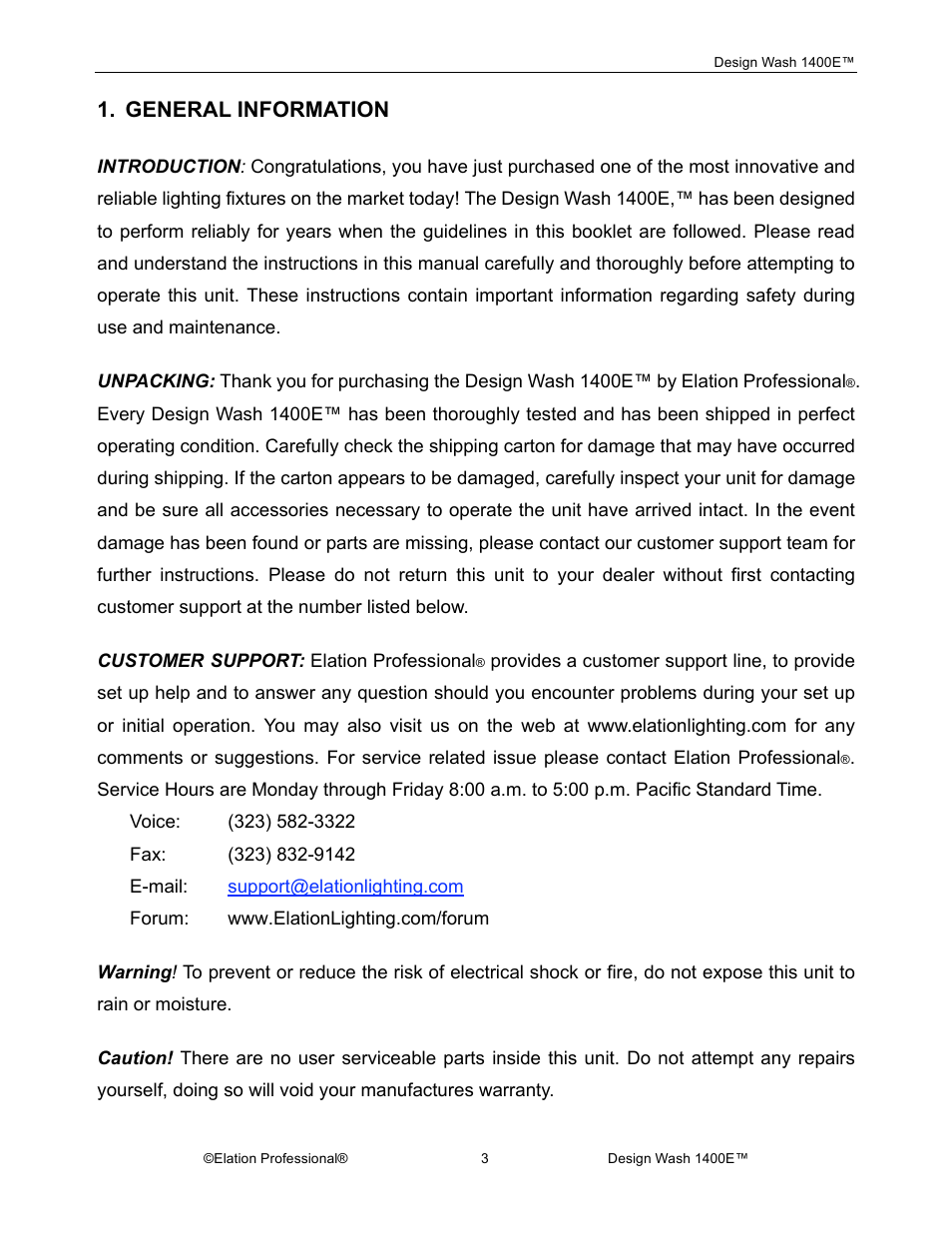 General information | Elation Professional 1400E User Manual | Page 3 / 64