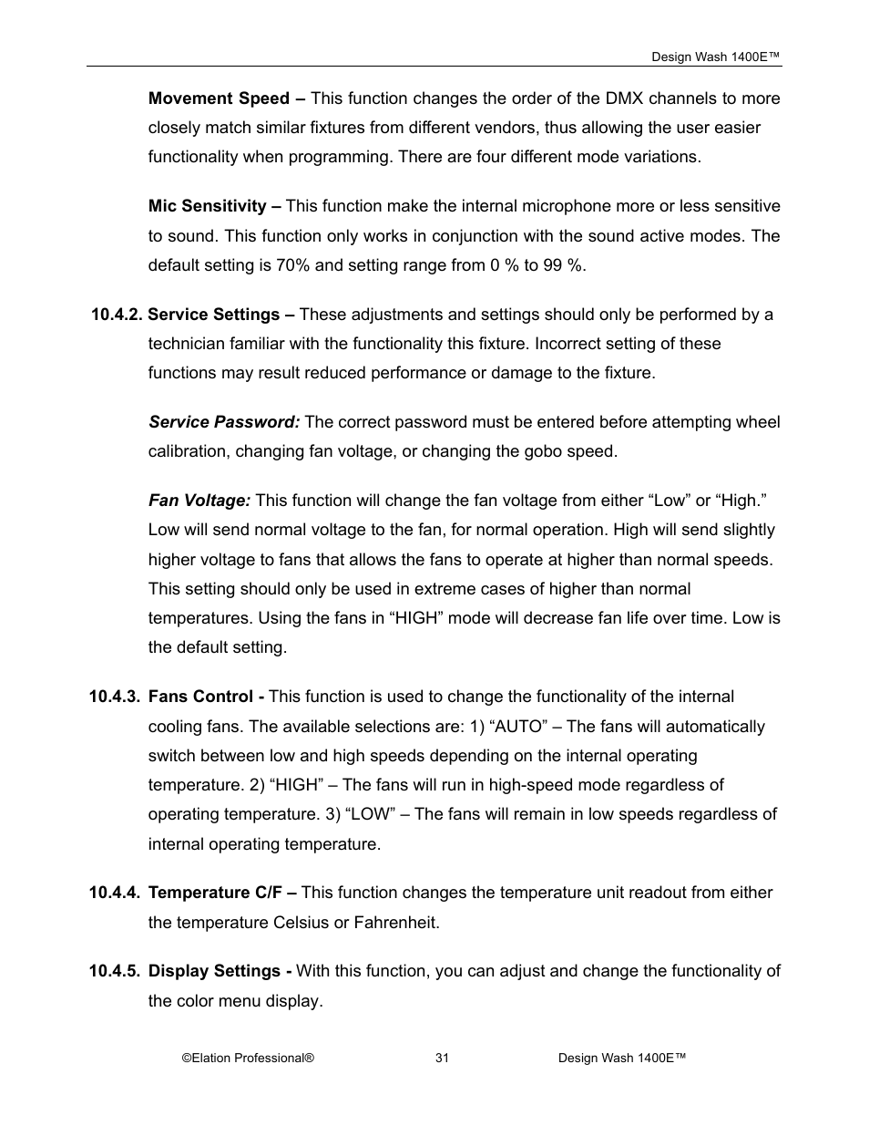 Elation Professional 1400E User Manual | Page 31 / 64