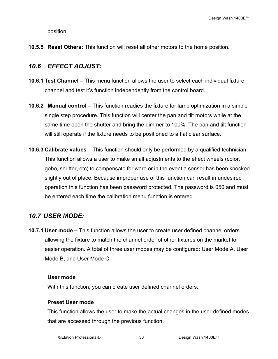 6 effect adjust, 7 user mode | Elation Professional 1400E User Manual | Page 33 / 64